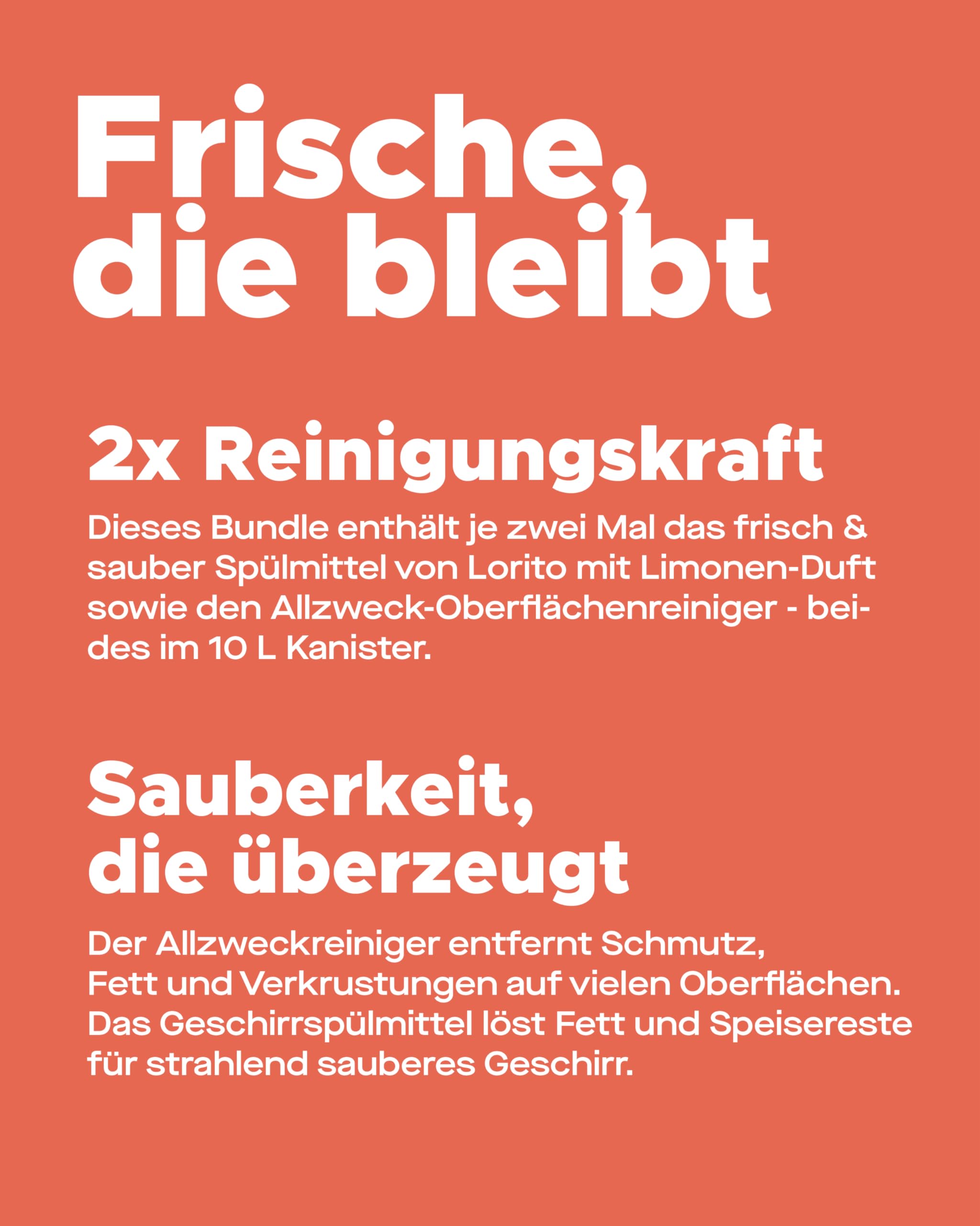 Lorito Set frisch & sauber Spülmittel 2 x 10L & Allzweckreiniger 2 x 10L | Profi-Reinigungsmittel gegen hartnäckige Verunreinigungen, glanzvolles Ergebnis, zwei Haushaltsreiniger in einem Set