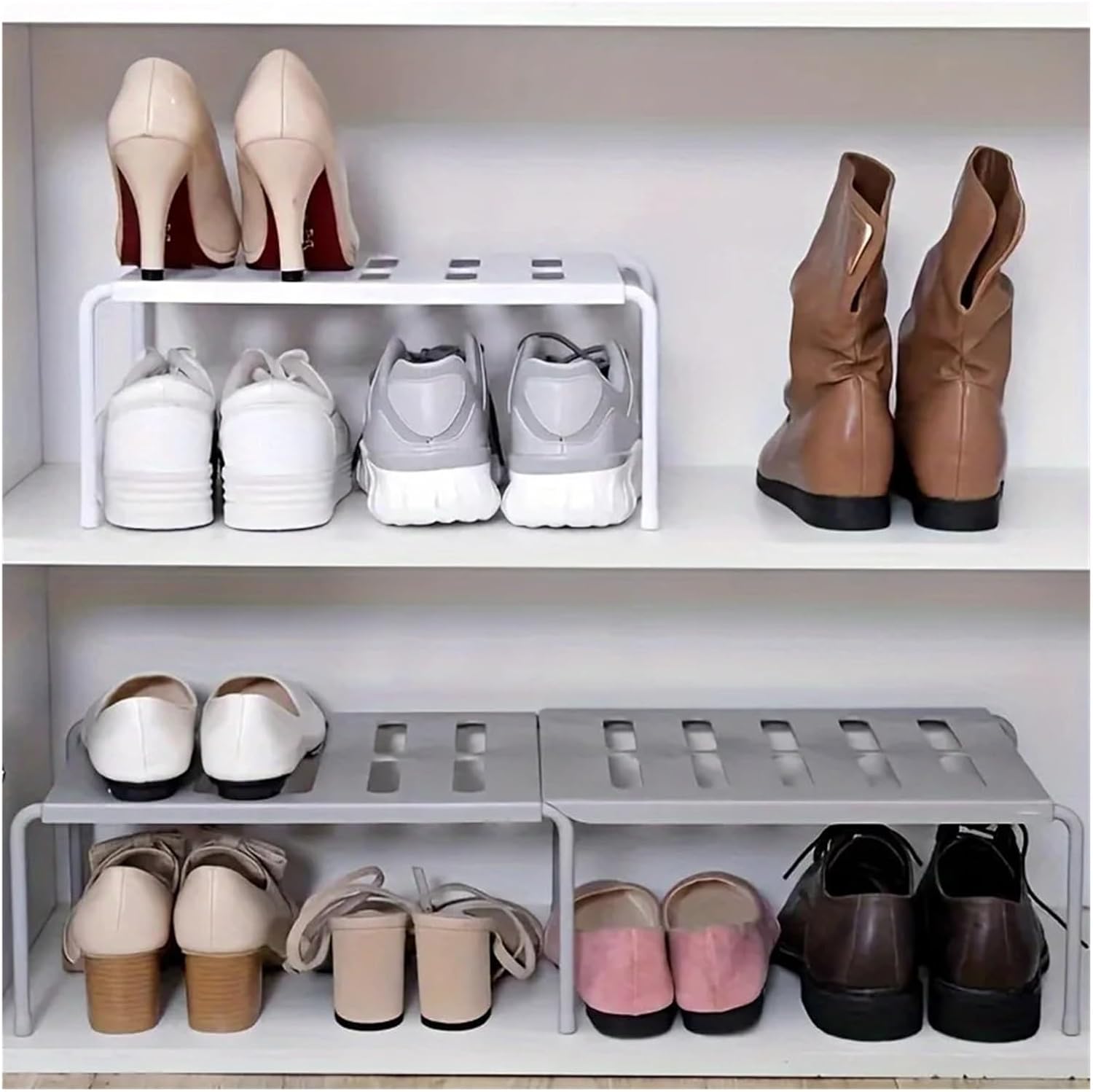 Adjustable Plastic Shoe Rack Multi-Tier Storage Organizer Space Saving for Sneakers Slippers Home Dorm Closet White Gray Modern(White)