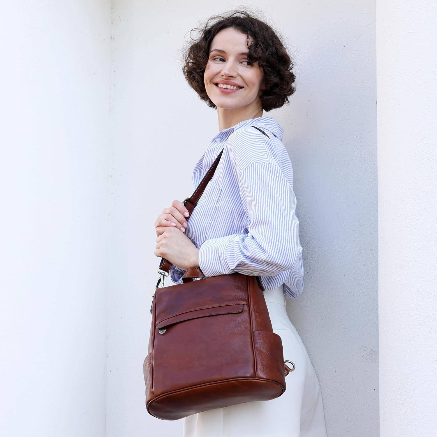 Time Resistance Leather Backpack for Women - Full-grain Leather Convertible Backpack Purse to Crossbody Bag