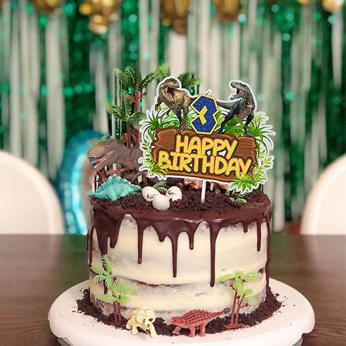 Miniatura 3 de Decoración de dinosaurio para pastel de tercer cumpleaños, dinosaurio jurásico de la selva de dinosaurio, decoración de fiesta de cumpleaños de 3