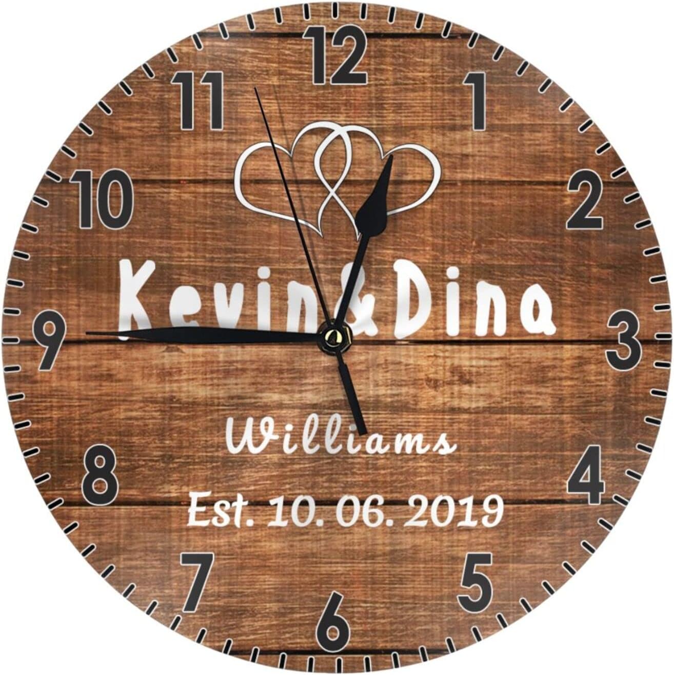 Nsipan Personalized Vintage Wooden Texture Wall Clock, 9.84" x 9.84", Unisex, Analog Display, Customizable with Family or Lover's Name and Anniversary Date