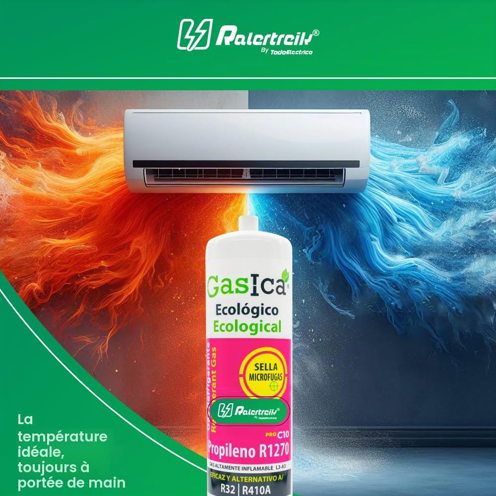 Gaz réfrigérant gazique C10 compatible avec R32 R410A valve incluse (bouteille + tuyau)