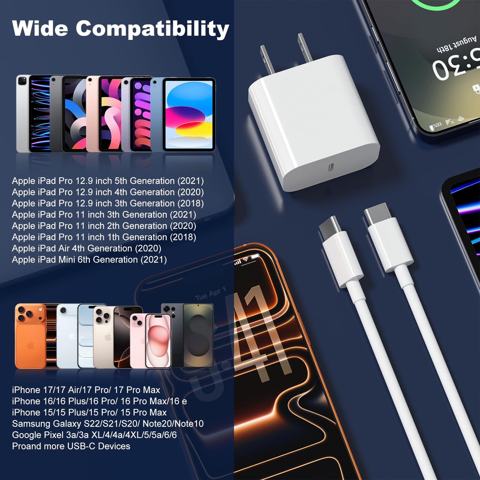Caricabatterie per iPhone 17, 16, 15, ricarica rapida, confezione da 20 W, per Apple iPad, USB C, con cavo da USB C a C da 1,8 m, per iPhone 17/Pro/Pro Max/17 Air/16/16 Pro/16 Pro Max/15/Plus/Pro/Pro
