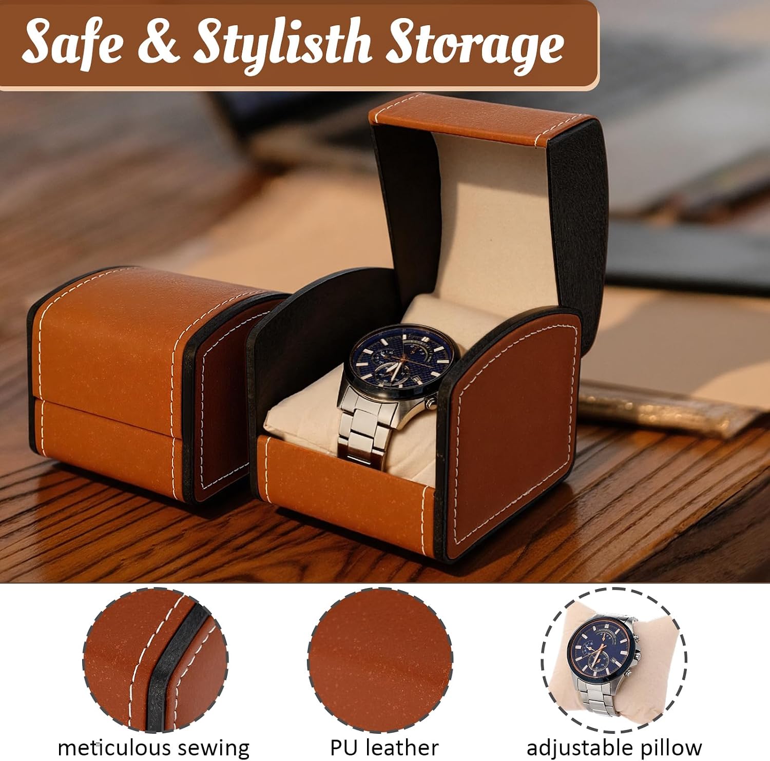 Tondiamo 10 Pack Single Watch Case PU Leather Watch Travel Case with Pillow Cushion Brown Wristwatch Display Holder Organizer for Women and Men
