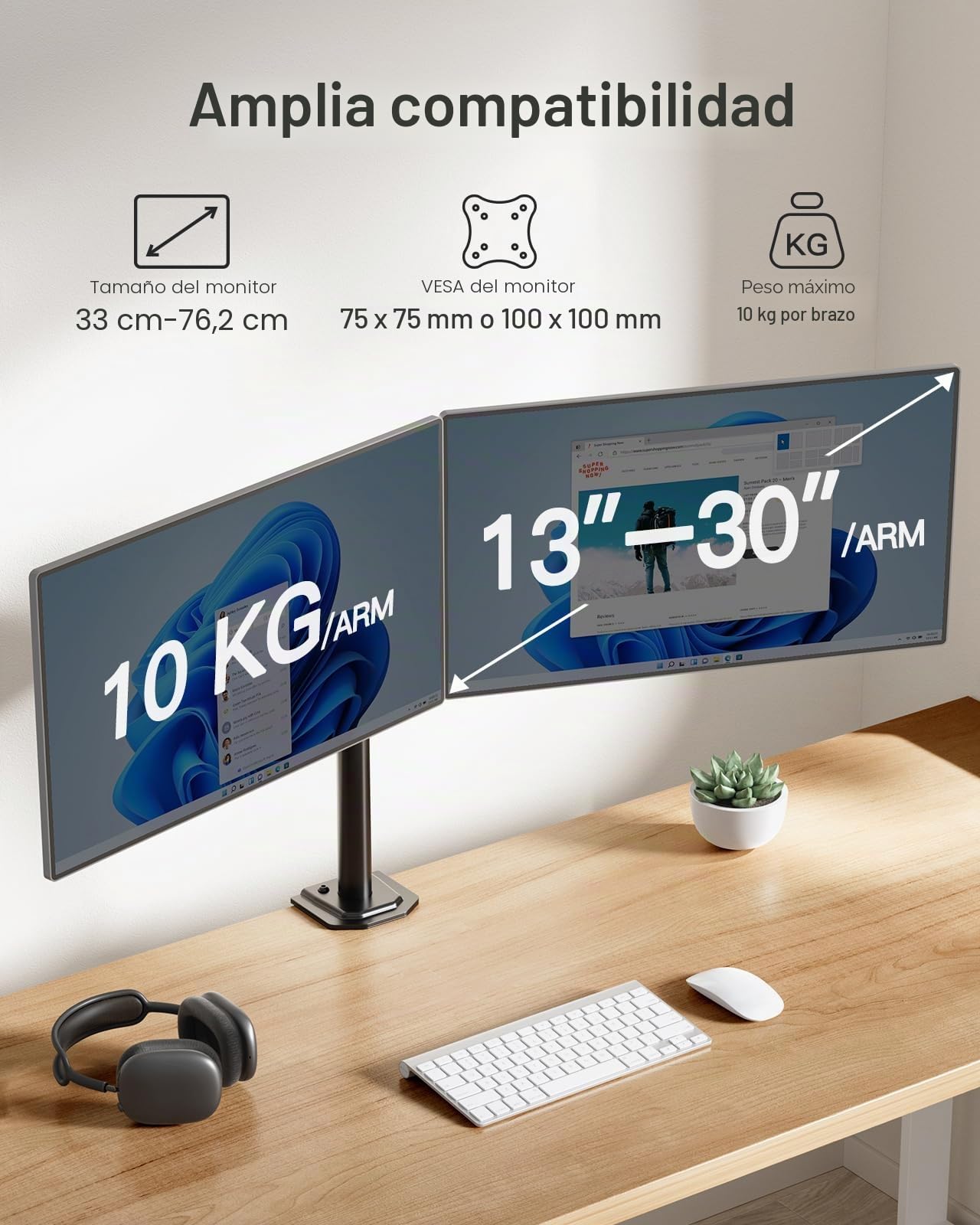 HUANUO Soporte de Monitor Dual para Pantallas de 13 a 30 Pulgadas, Brazo de Monitor Doble Ajustable con rotación giratoria de inclinación, 10 kg por Brazo, Soporte de Pantalla Doble para Montaje VESA