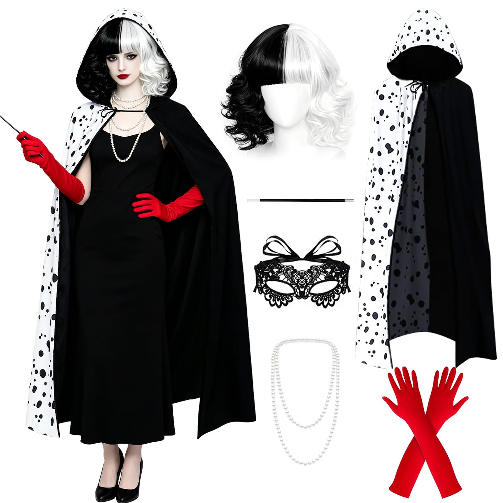 KEEBAX Halloween Costume Adult for Cruella Deville Women's Black & White Villain