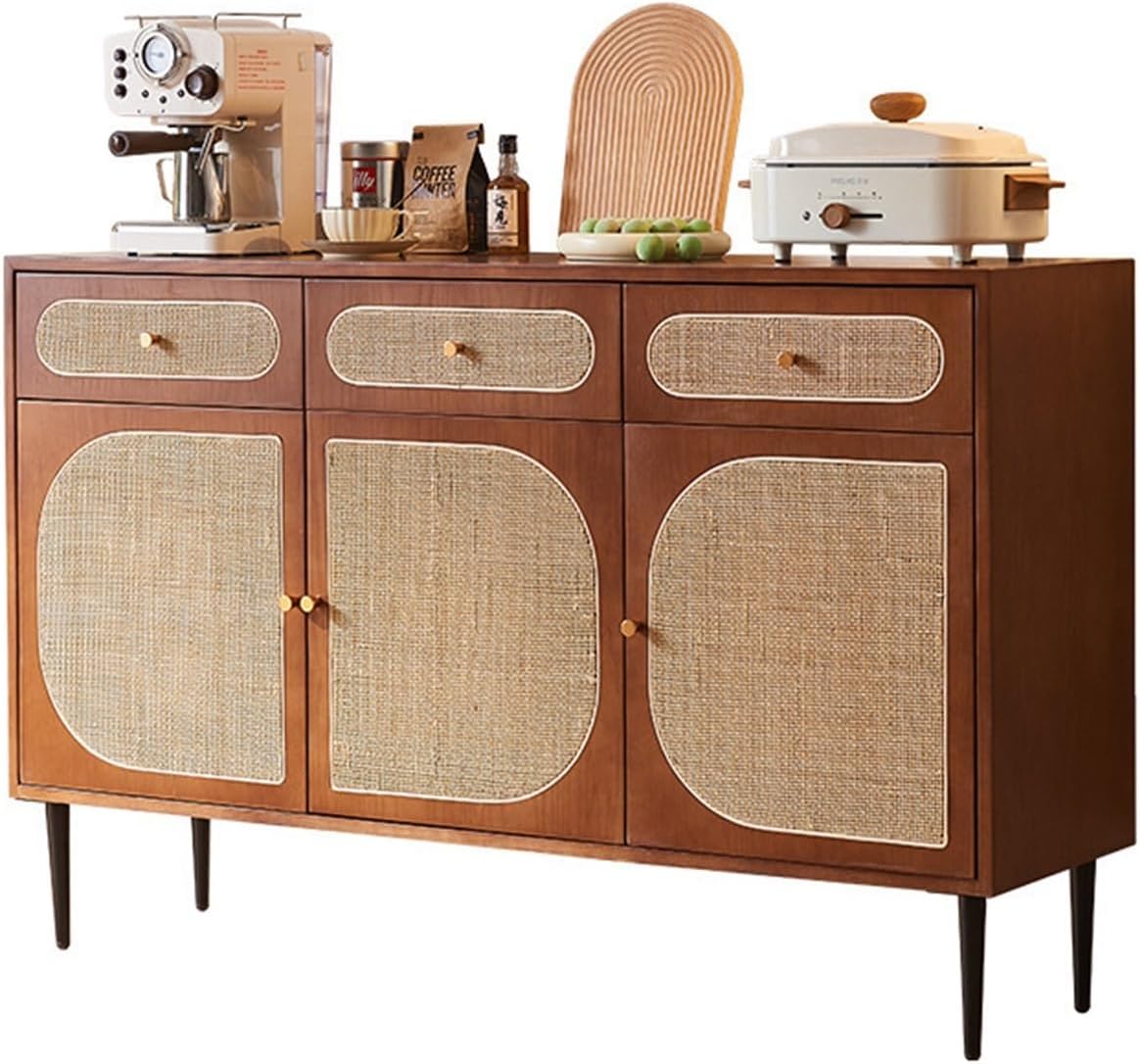 Sideboard Cabinet Rattan Solid Wood Sideboard Household Multifunctional with Drawers Three Door Classification Storage Cabinet Console Coffee Table