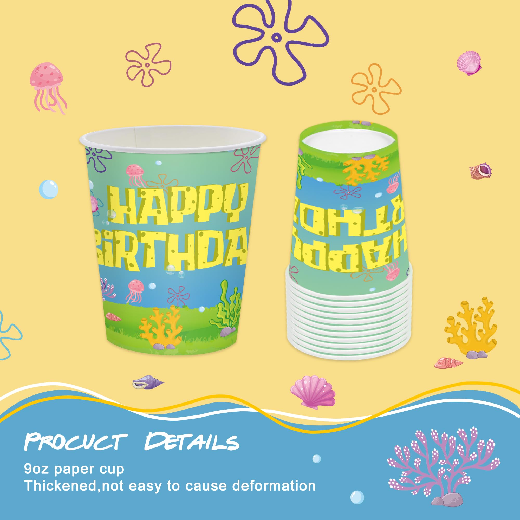 120PCS Yellow Cartoon Party Supplies Ocean Tableware Set for Kids Boys Girls Birthday Party Decorations Yellow Undersea Happy Birthday Themed Napkin Cups Forks Knives for 20 Guests