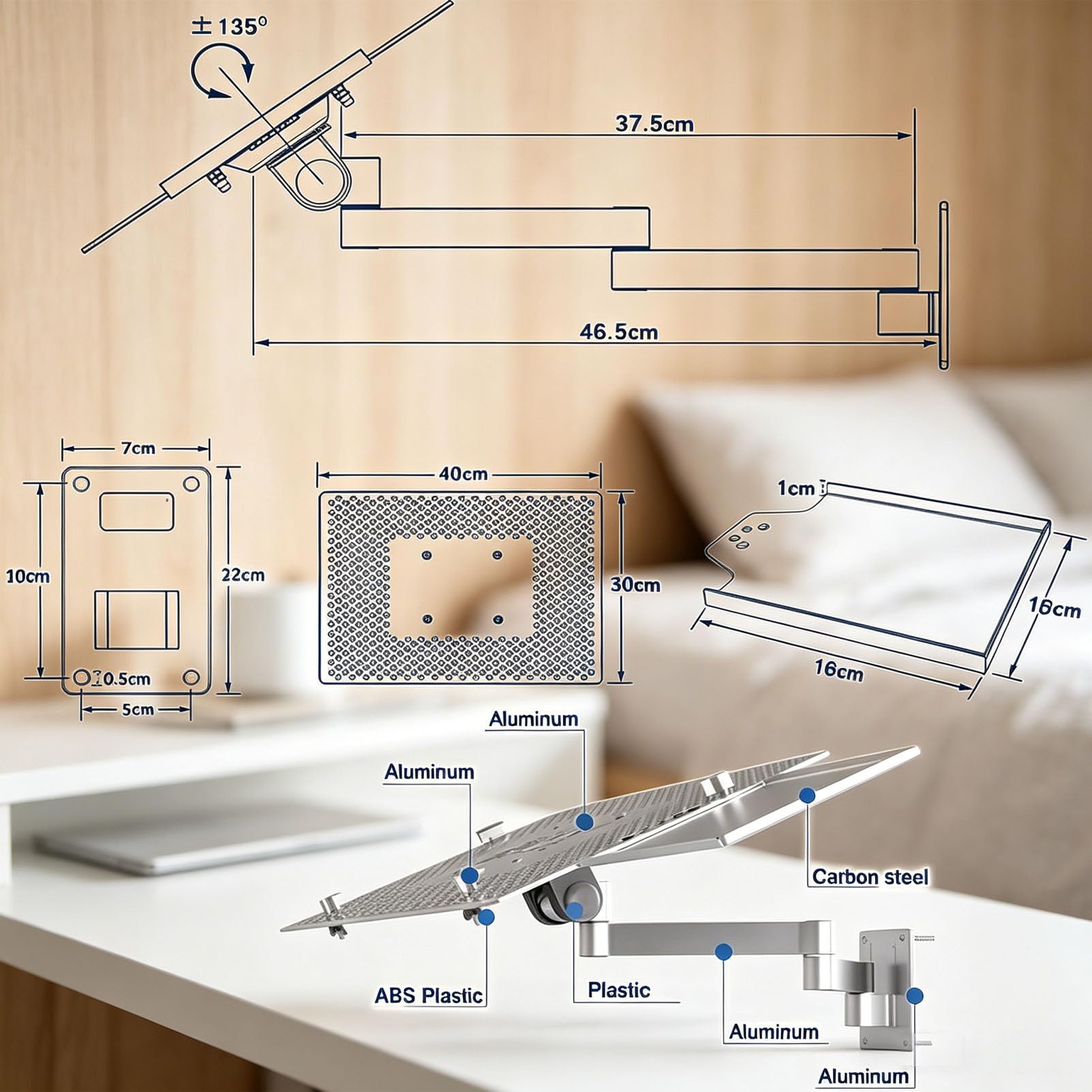 Brazo de Montaje en Pared para portátil con rotación de 360°, Soporte Ajustable con ventilación y Bandeja para ratón Desmontable para la Oficina en casa