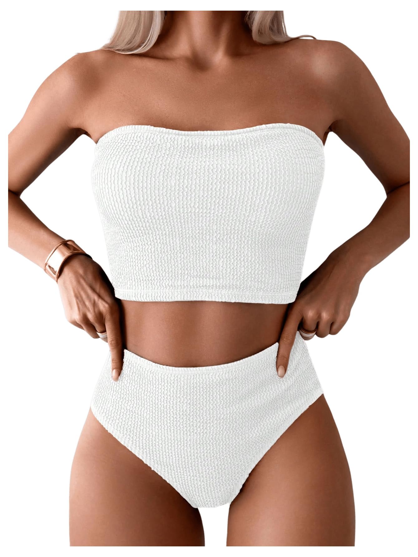 OYOANGLE Women's 2 Piece Strapless Swimsuit High Waisted Smocked Bandeau Bathing Suit