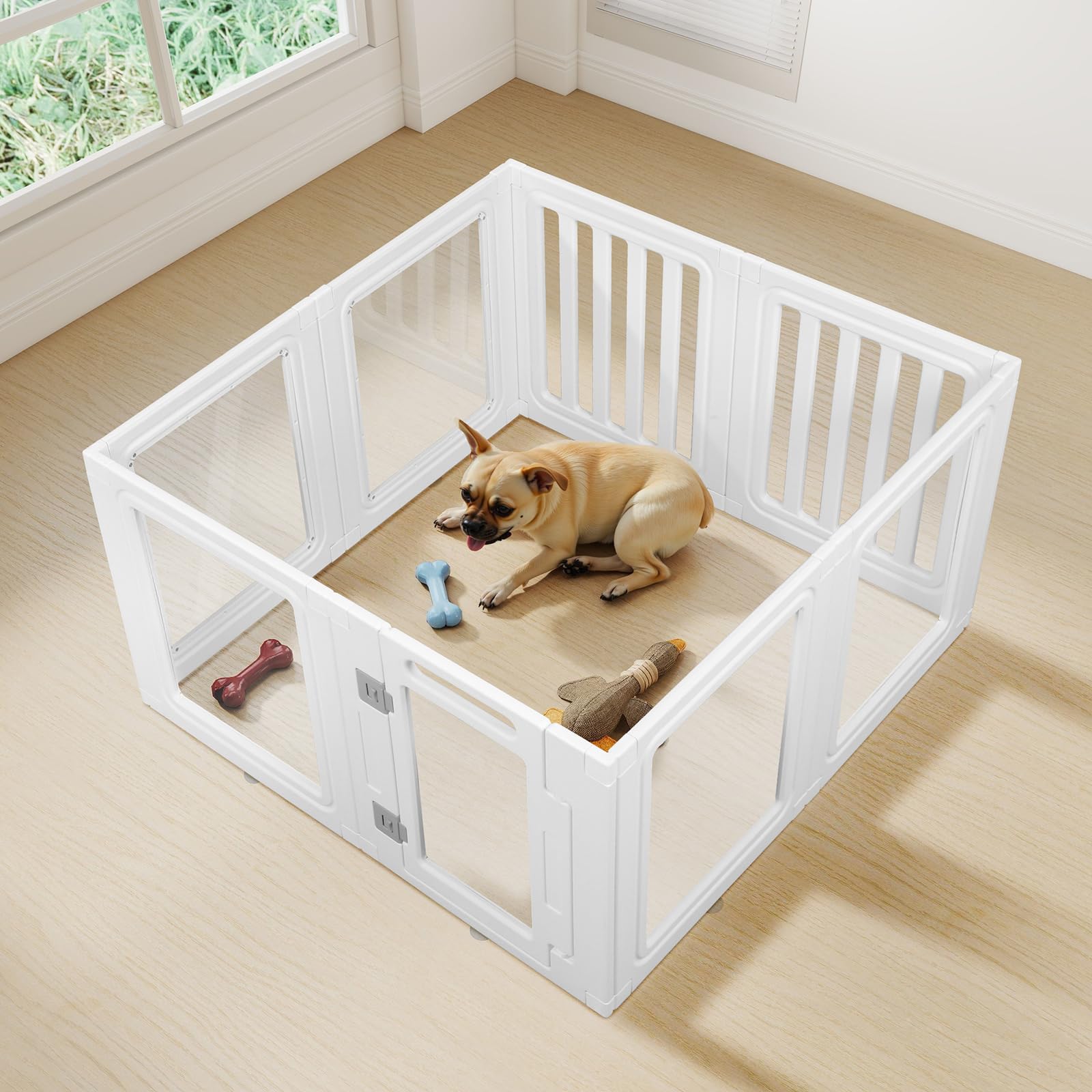 HIDOG Clear Acrylic Dog Playpen Indoor, 57cm H-8 Panel Transparent Dog Playpen for Small Dog Cat Rabbit, Sturdy Dog Pen with Door & Safety Lock, Plastic Dog Fence Indoor Easy Assemble & Clean, White