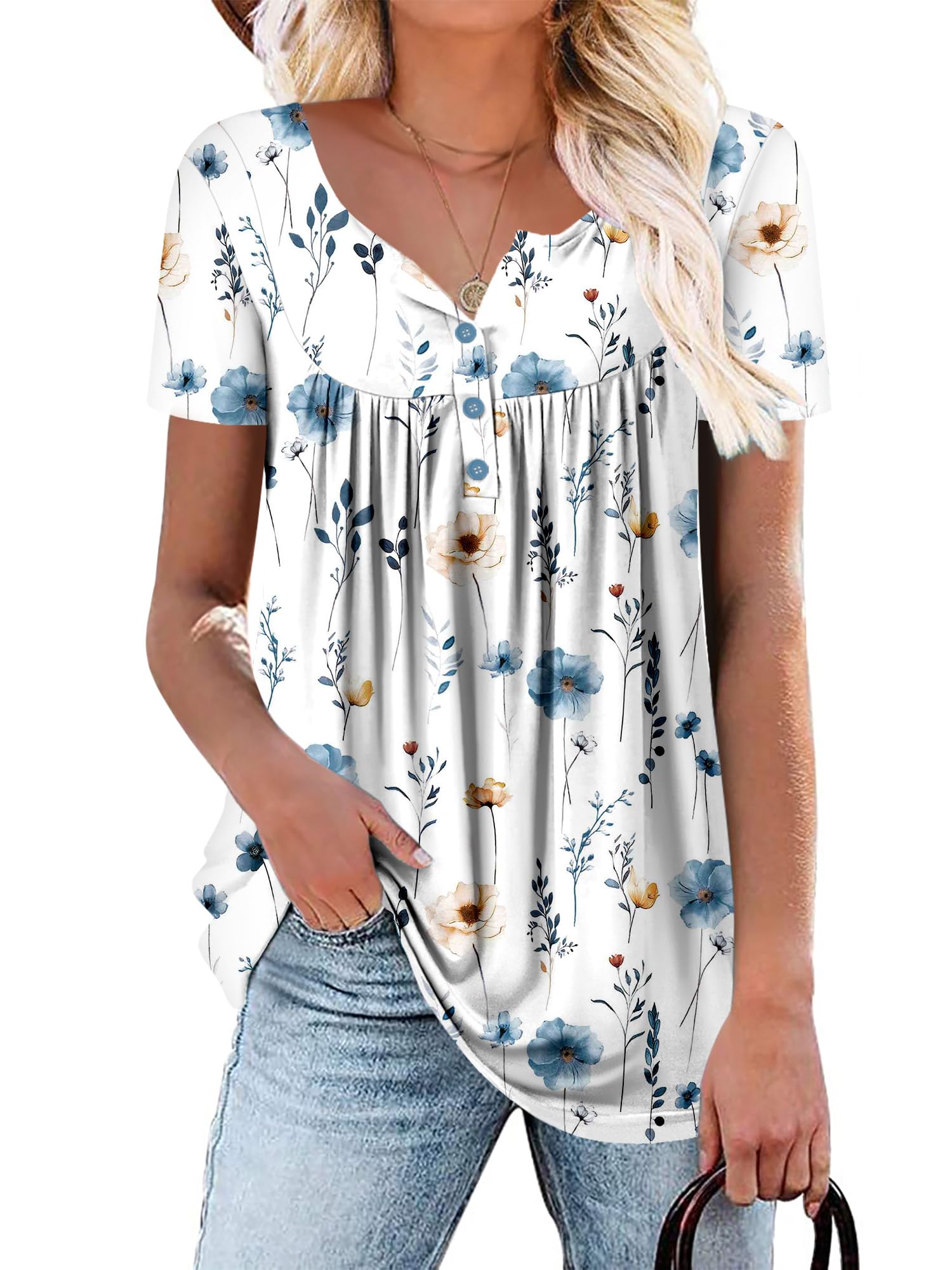 KISSMODA Ladies Pleated Tunic Tops for Women Buttons up Long Sleeve Shirts Floral Print — view 5