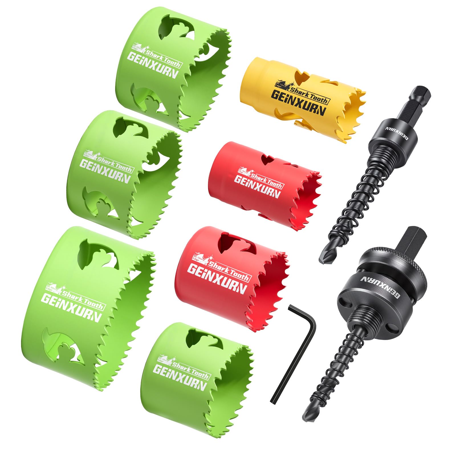 Geinxurn 9PCS Hole Saw Kit 25mm-76mm with Hole Saw Mandrel and Hex Wrench, HSS Bi-Metal Hole Cutter with Shark Tooth for Wood,Drywall, PVC Boards and Thin Metal