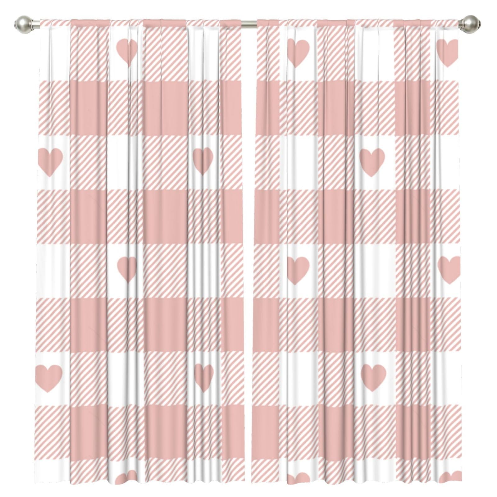 InOmak Cute Heart Pink Buffalo Plaid Pattern, 2 Panels Window Curtains 52 x 84 Inch Blackout Curtains for Living Room Bedroom