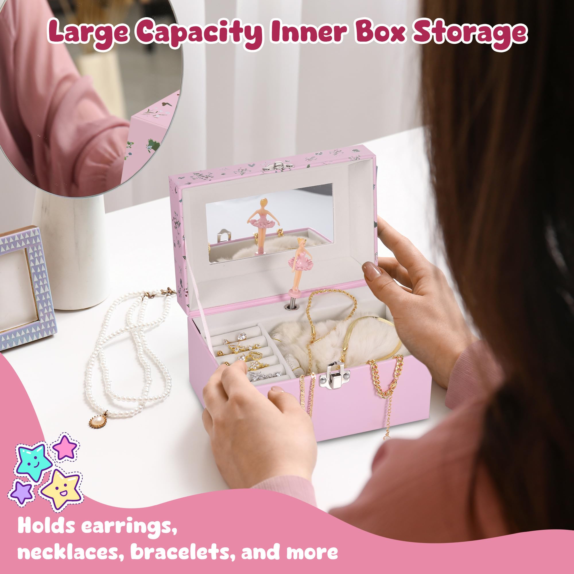 Joyero Musical Niña, Caja de Música con Bailarina Giratoria y Espejo, Joyero Musical Bailarina para Niñas 3-10 Años, Caja de Música Infantil Regalo, 18x12x10cm, Rosa