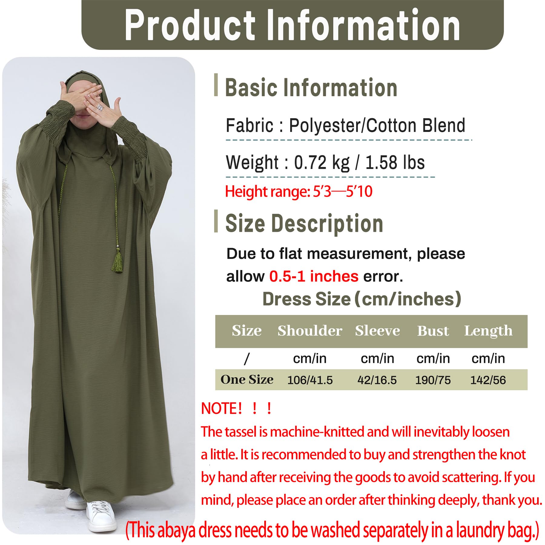 Muslimisches Gebetskleid Abaya Solid One Piece Hoodie Abaya Kleid für Frauen Langes Maxikleid Islamisches Dubai Jilbab Einheitsgröße
