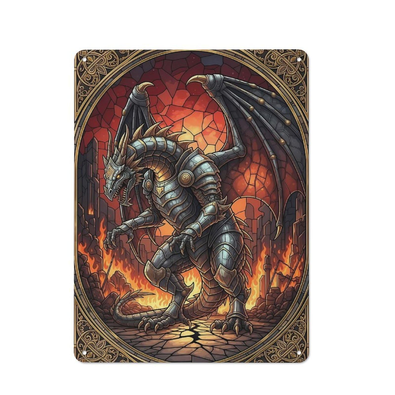 Cosy Armored Dragon in Stained Glass Style Metal Plaque 40x30cm, Kitchen Wall Decor for Kitchen, Cafe, Pantry Or Dining Room
