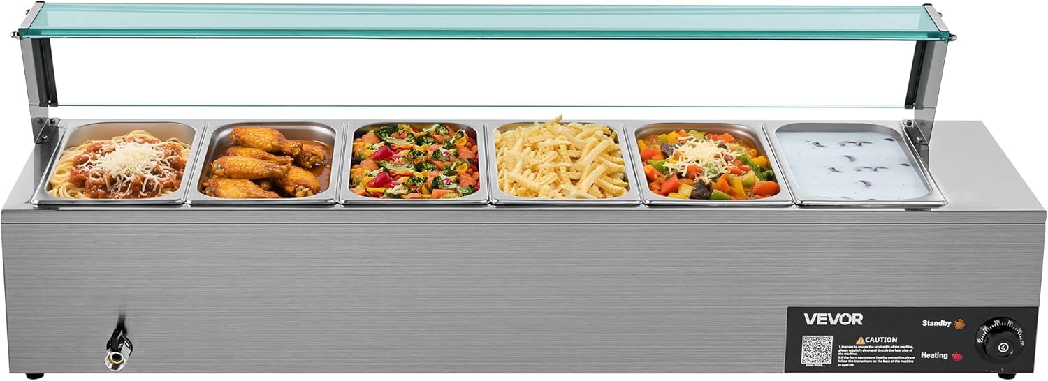 VEVOR Commercial Food Warmer, 1500W Electric Stainless Steel Steam Food Warmer with Glass Cover, 6 x 1/3 Size Pans Buffet Bain Marie with Soup & Perforated Ladles, for Catering, Restaurant & Party