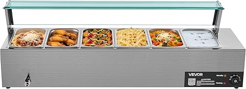 VEVOR Calentador de alimentos comercial, calentador eléctrico de alimentos de acero inoxidable de 1500 W con cubierta de vidrio, sartenes de tamaño
