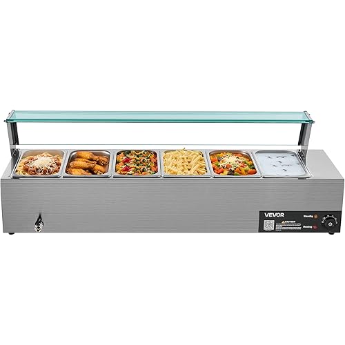 VEVOR Commercial Food Warmer, 1500W Electric Stainless Steel Steam Food Warmer with Glass Cover, 6 x 1/3 Size Pans Buffet Bain Marie with Soup & Perforated Ladles, for Catering, Restaurant & Party