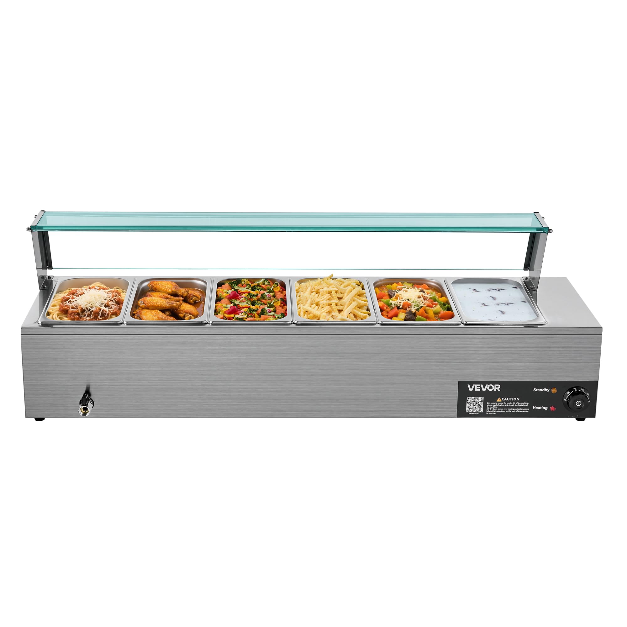 Condition photo showing Good Condition for VEVOR Commercial Food Warmer, 1500W Electric Stainless Steel Steam Food Warmer with Glass Cover, 6 x 1/3 Size Pans Buffet Bain Marie with Soup & Perforated Ladles, for Catering, Restaurant & Party