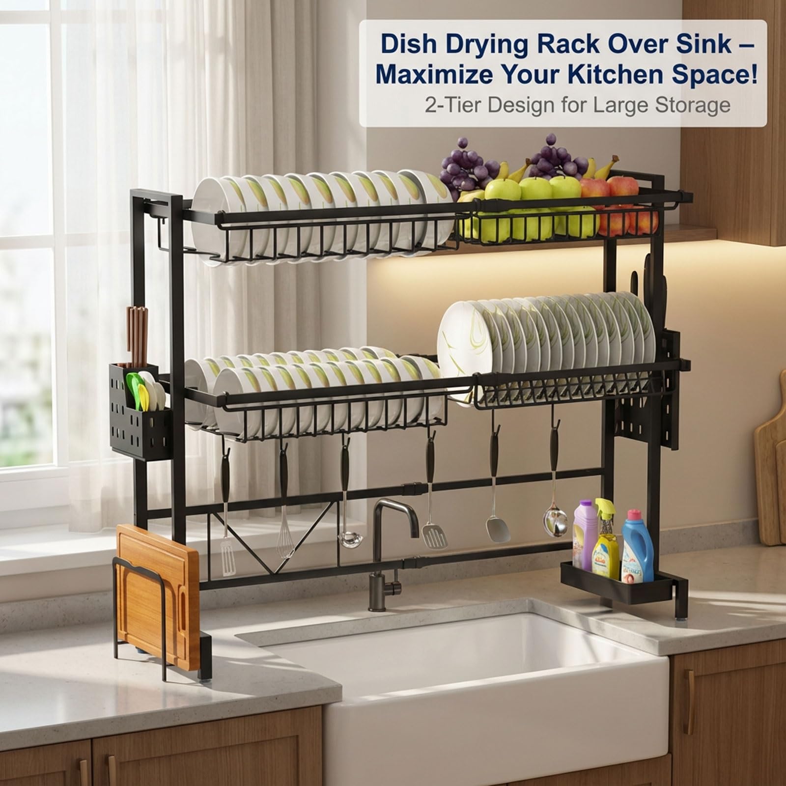 2 Tier Over Sink Dish Rack con Stazione di drenaggio Regolabile e portautensili Cucina di Grande capacità per soluzioni di Risparmio di Spazio e stoccaggio