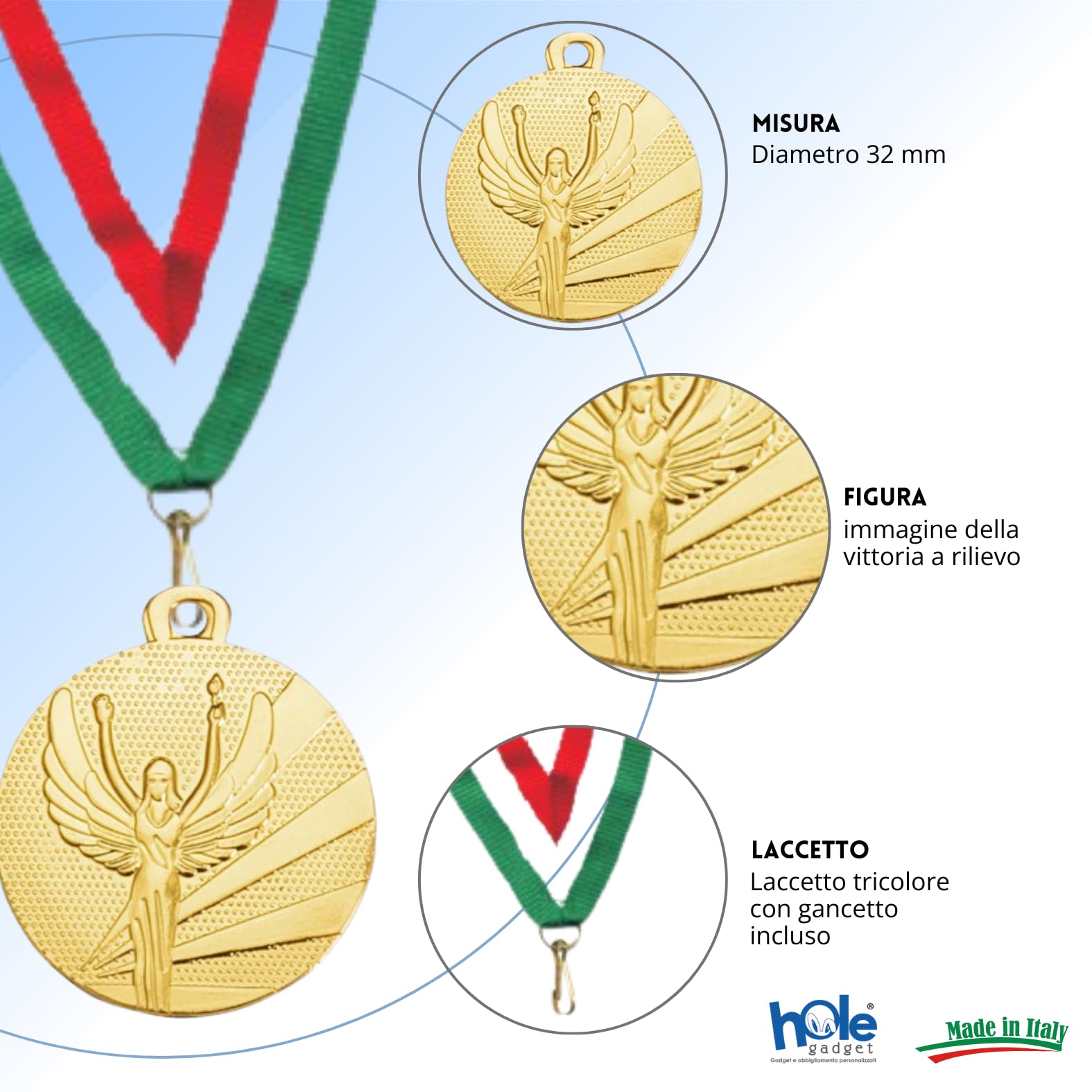 Medaglie Premiazioni Personalizzate Vittoria Sportive da 3,2 cm con Laccetto Medaglia Personalizzabili in Metallo con Stampa Personalizzata, Sport cod. 23.02.32.66G
