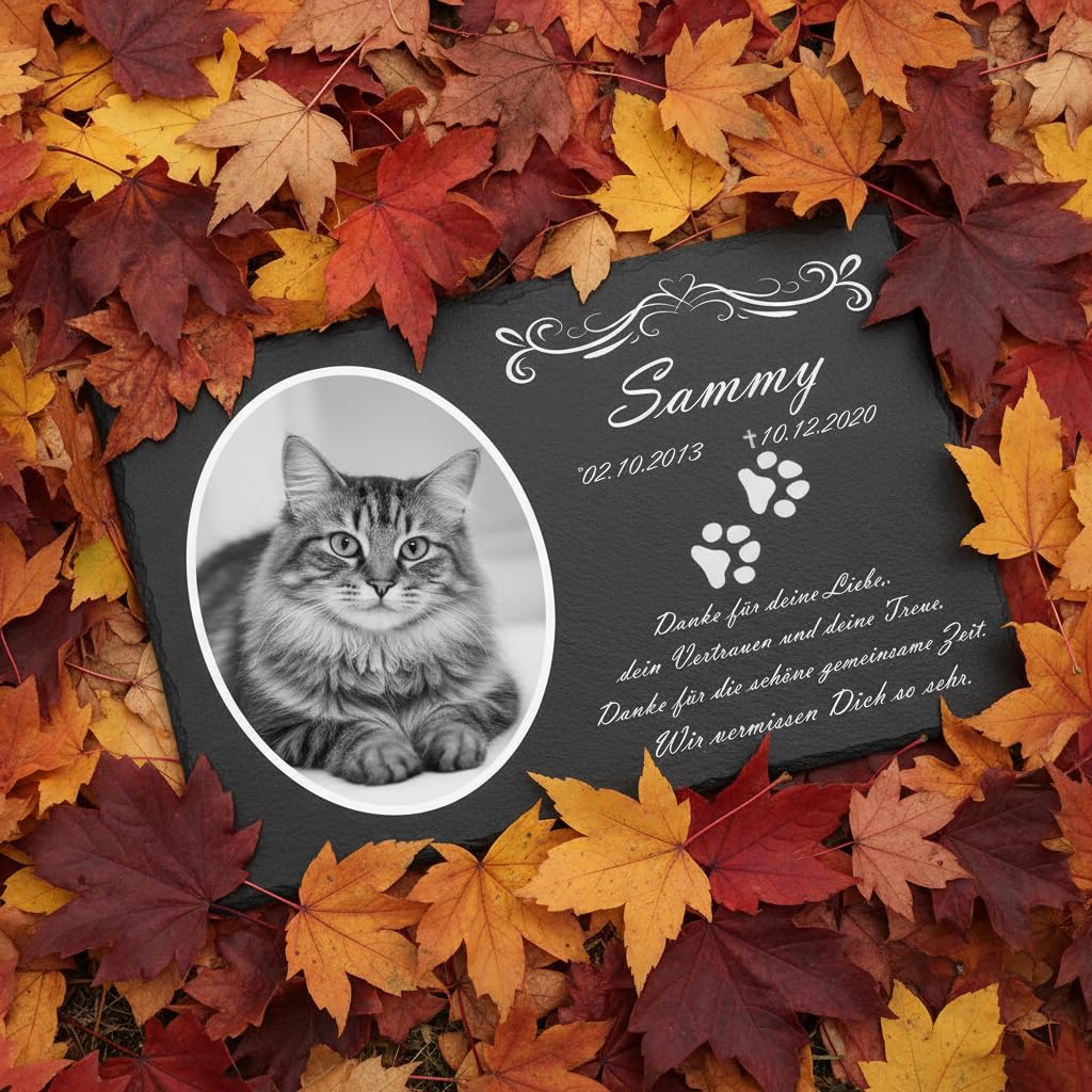 Katzengrabstein mit eigenem Foto und Katzenpfoten, Gedenksteine für Katzen mit personalisierter Gravur Katzen, Gedenksteine aus Naturschiefer 20x30 cm