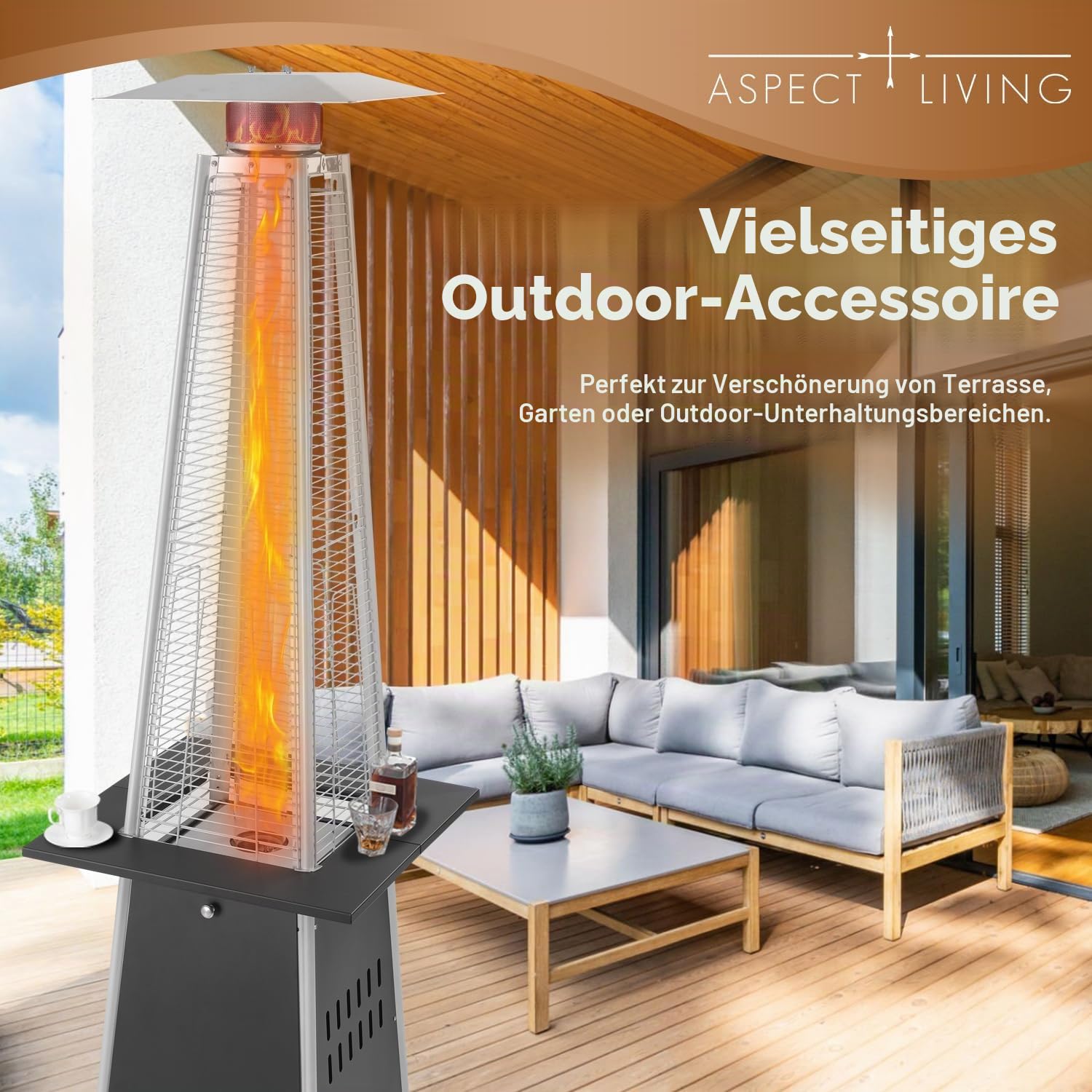Pyramid Flame Terrassenheizer-Zubehörtisch, Stahlkonstruktion, für mehr Funktionalität, stabiler Platz für Getränke - Schwarz