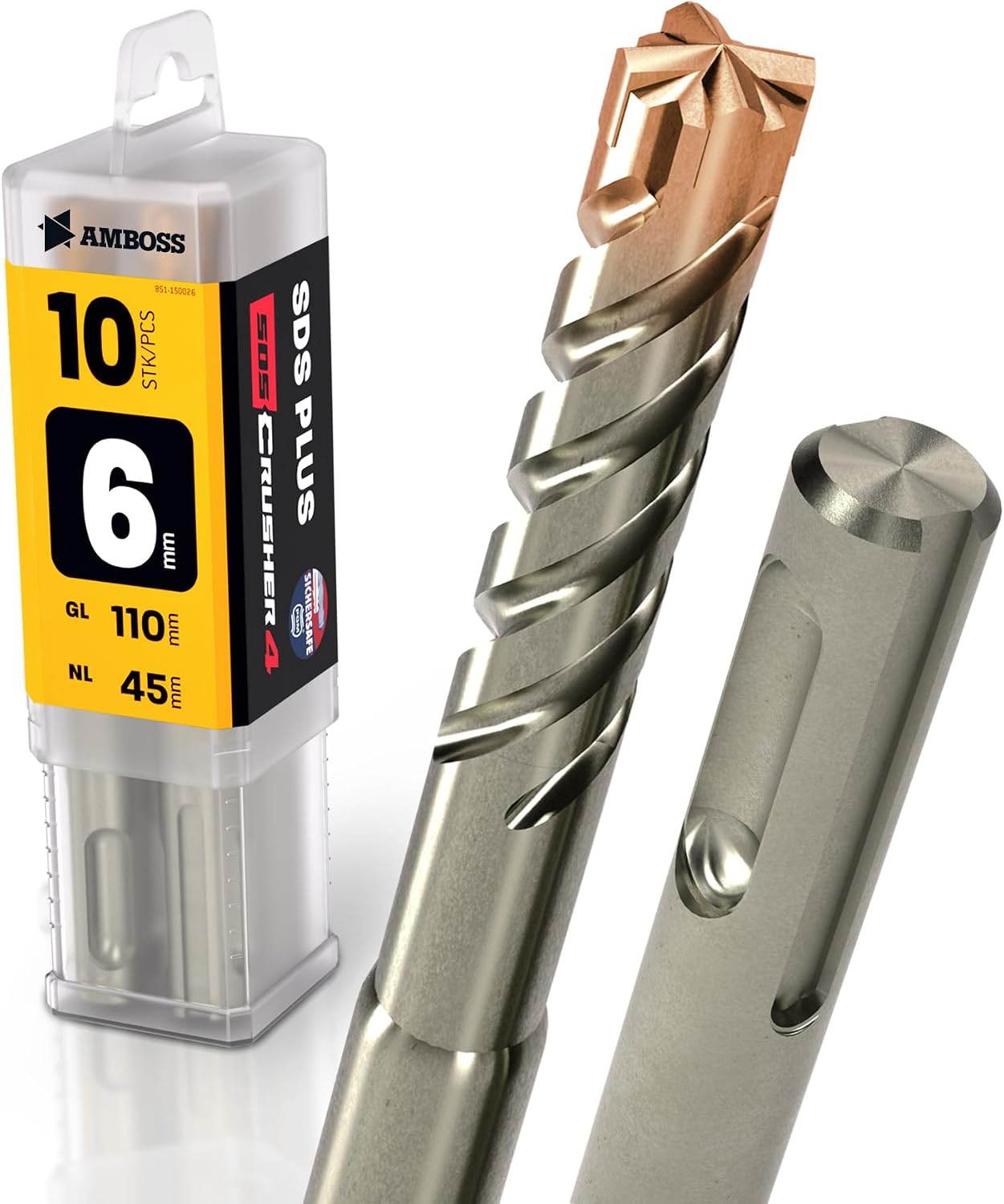 SDS Plus Hammer Drill Bit 4 x Cutting PGM Diameter 6.0 mm x 45 mm - Amboss Werkzeuge SDS Crusher 4 - HM Concrete Drill Carbide Professional Drill Bit 6.0 mm x 45 - Masonry Drill Bit Reinforced Concrete Masonry Brick Sand-lime Stone