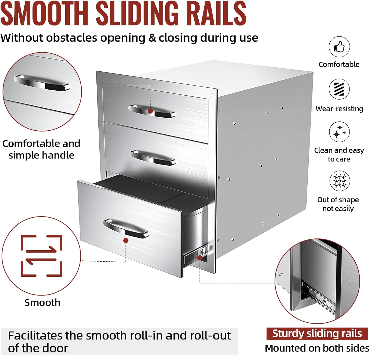 Outdoor Kitchen Drawers Stainless Steel, BBQ Drawer Inserts for Built-in Patio Grill Station, Triple Drawer, 16''W x 21''H x 23''D