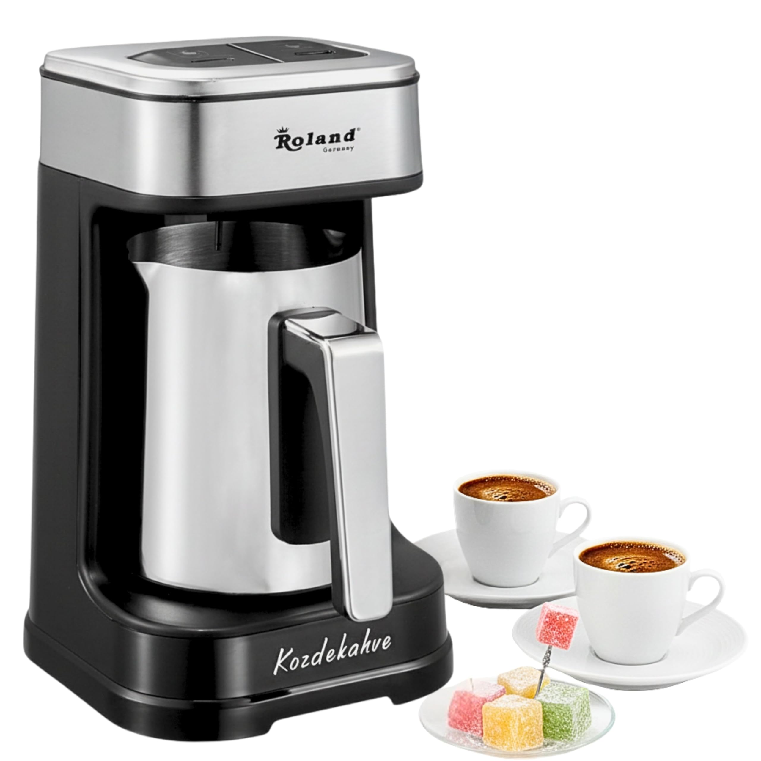 Türkische Kaffeemaschine, 600W, Kaffeekanne, Slow COOK Technologie, 4 Tassen Kapazität, mit Kaffeemesslöffel, Doppelter Ausguss, Ton- und Lichtwarnsystem (1, Silber)