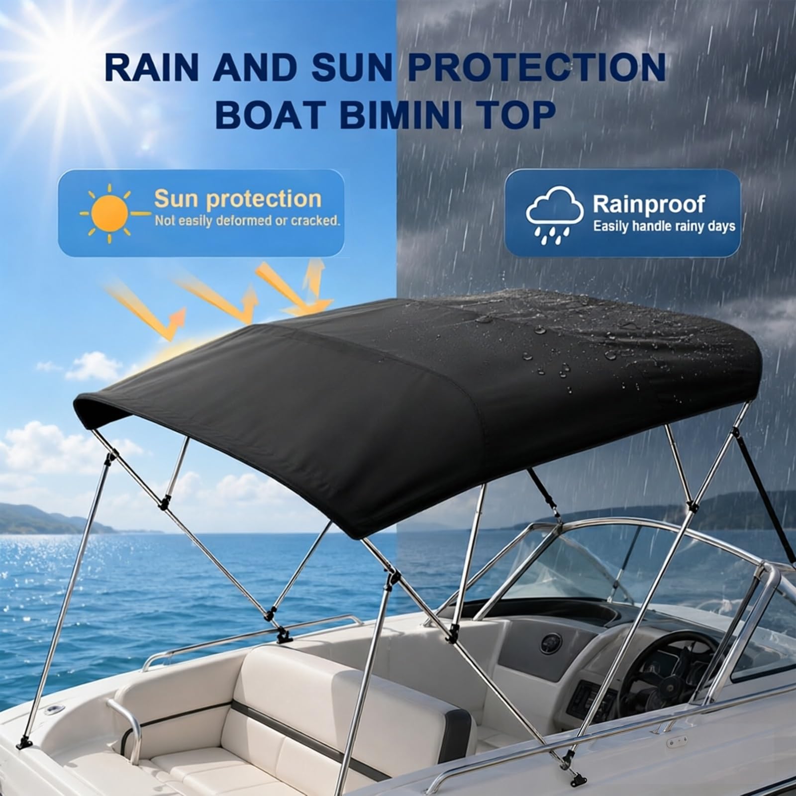 Toldo Bimini para Barco, Bimini para Barcos, Toldo Barco para Estructura 4 Arcos, Oxford 600D, 244 cm, Negro(173cm/68 in)
