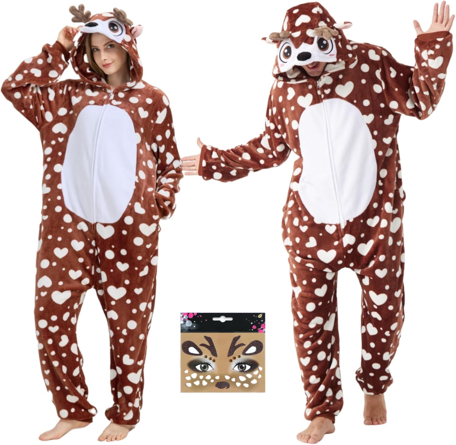 TIMSOPHIA Dalmatian Costume Adult, Deer Onesie Women Men Animal Onesies Plush Pajamas One-Piece Sleepwear Halloween Cosplay