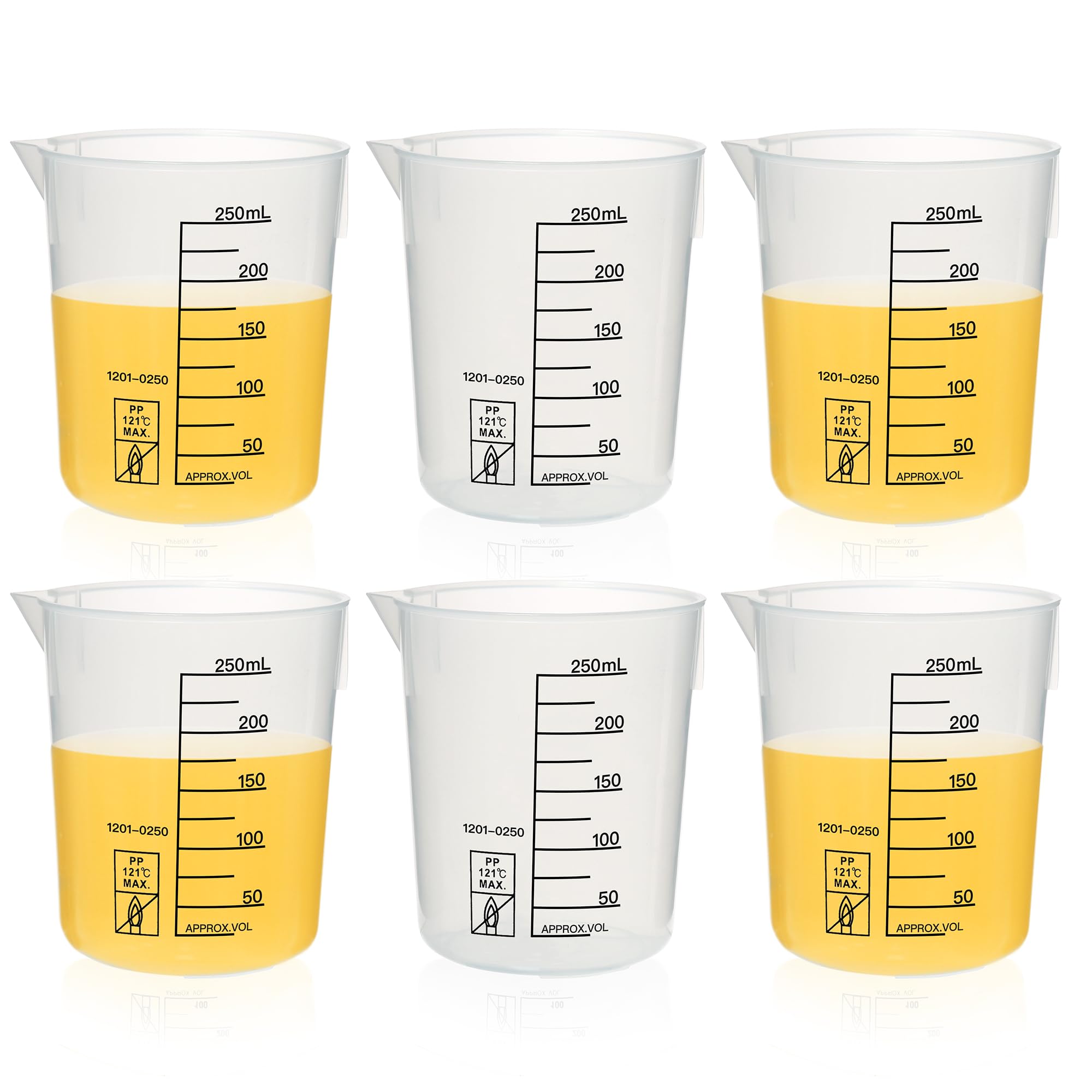 ULAB Scientific Stackable Graduated Plastic Beakers, 6pcs of Vol.250ml(8.45oz), with Easy-to-Read Printings in Black, UBP1024