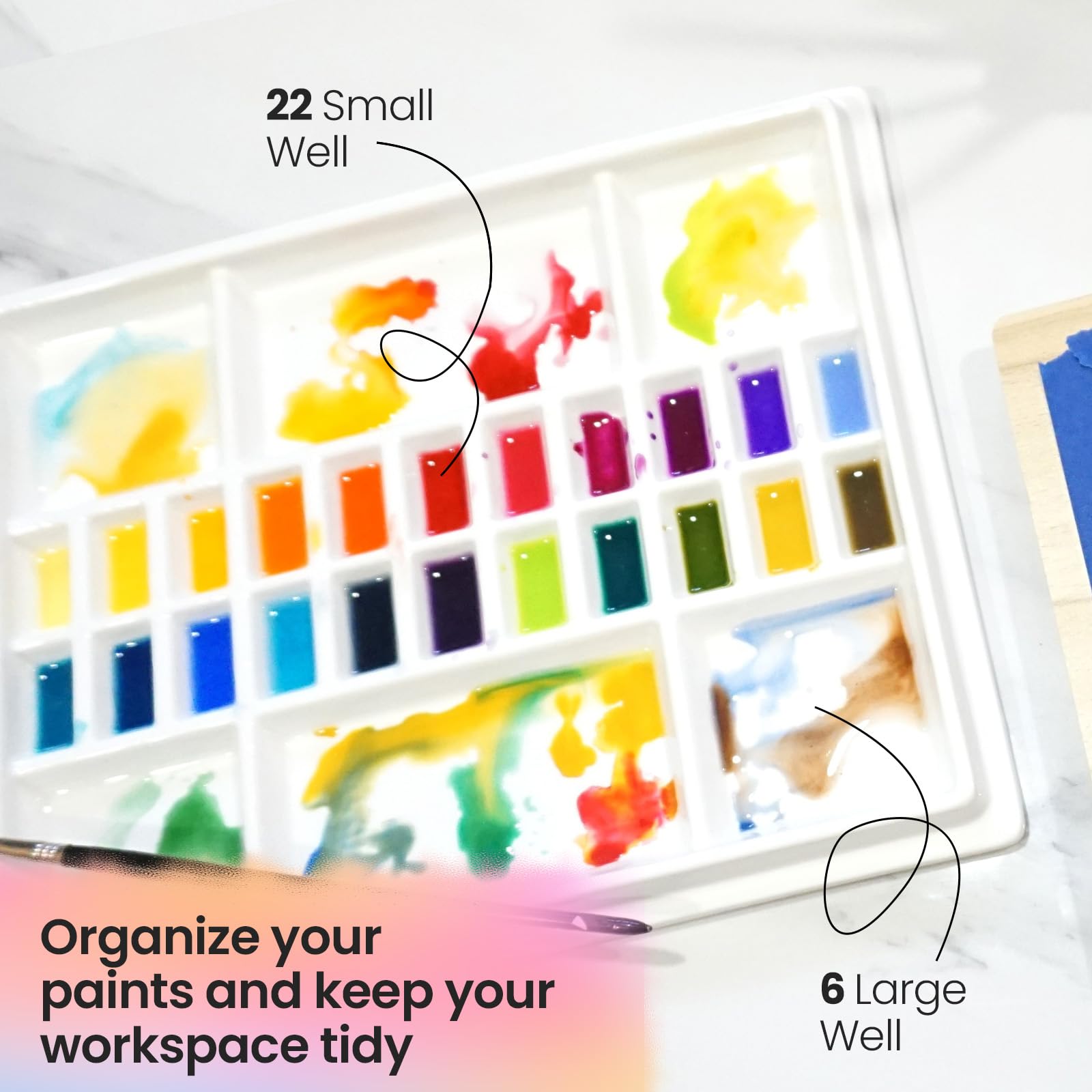 Paleta de Pintura de Acuarela de cerámica con Tapa de Madera, Bandeja de Mezcla de Porcelana de 12 x 10 Pulgadas con 22 pozos y 6 pozos Grandes, Paleta Profesional para Gouache, acrílicos y más