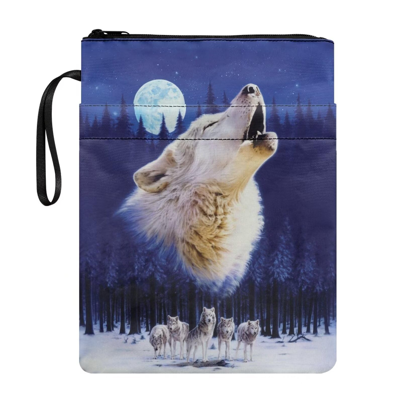 NETILGEN Book Sleeve for Book Lovers Book Cover with Zipper and Pocket Book Socks Textbooks Paperback Book Protector Patriotic Purse, Moon Wolf Blue — image 1