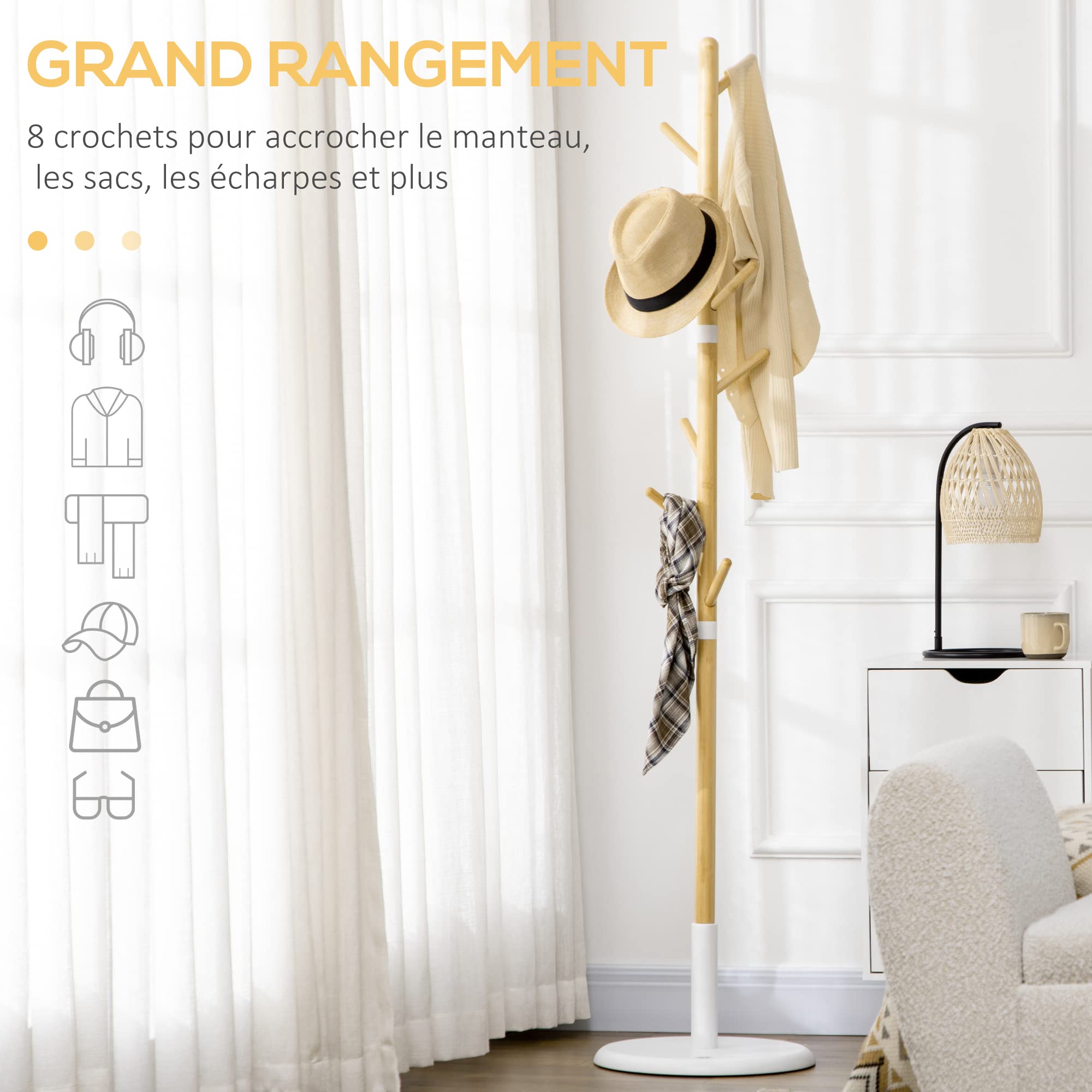 HOMCOM Portemanteau sur Pied Meuble d'Entrée 8 Patères 175,6H cm | Portant à Vêtements, Vestiaire, pour Vêtements Chapeaux, Entrée Couloir, en Bambou et Métal