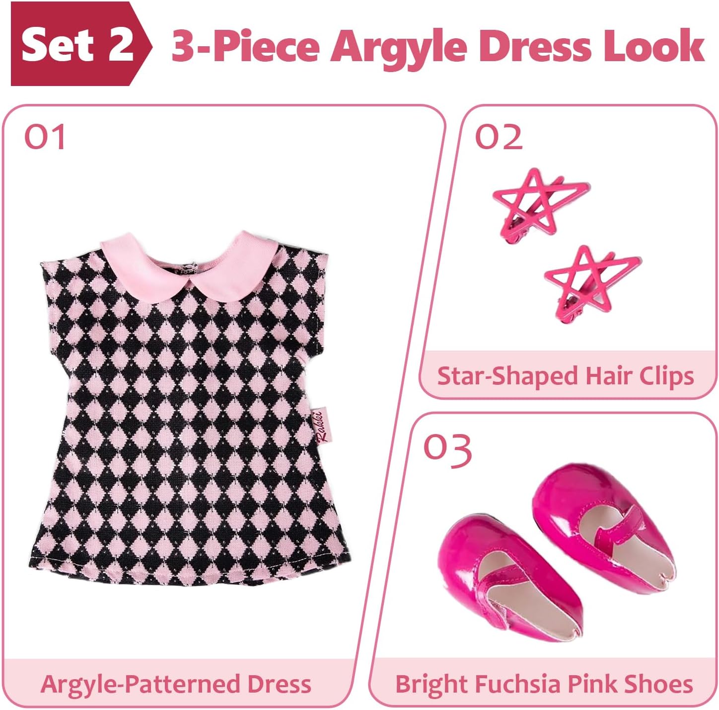 Rakki Dolli 18 Inch Doll Clothes 3 Outfit Sets for American Girl Dolls,11 Pcs Clothes Accessories with Jacket,Dress,Robe,Skirt,Tops,Underwear,HairClips,Shoes(Doll Not Included)