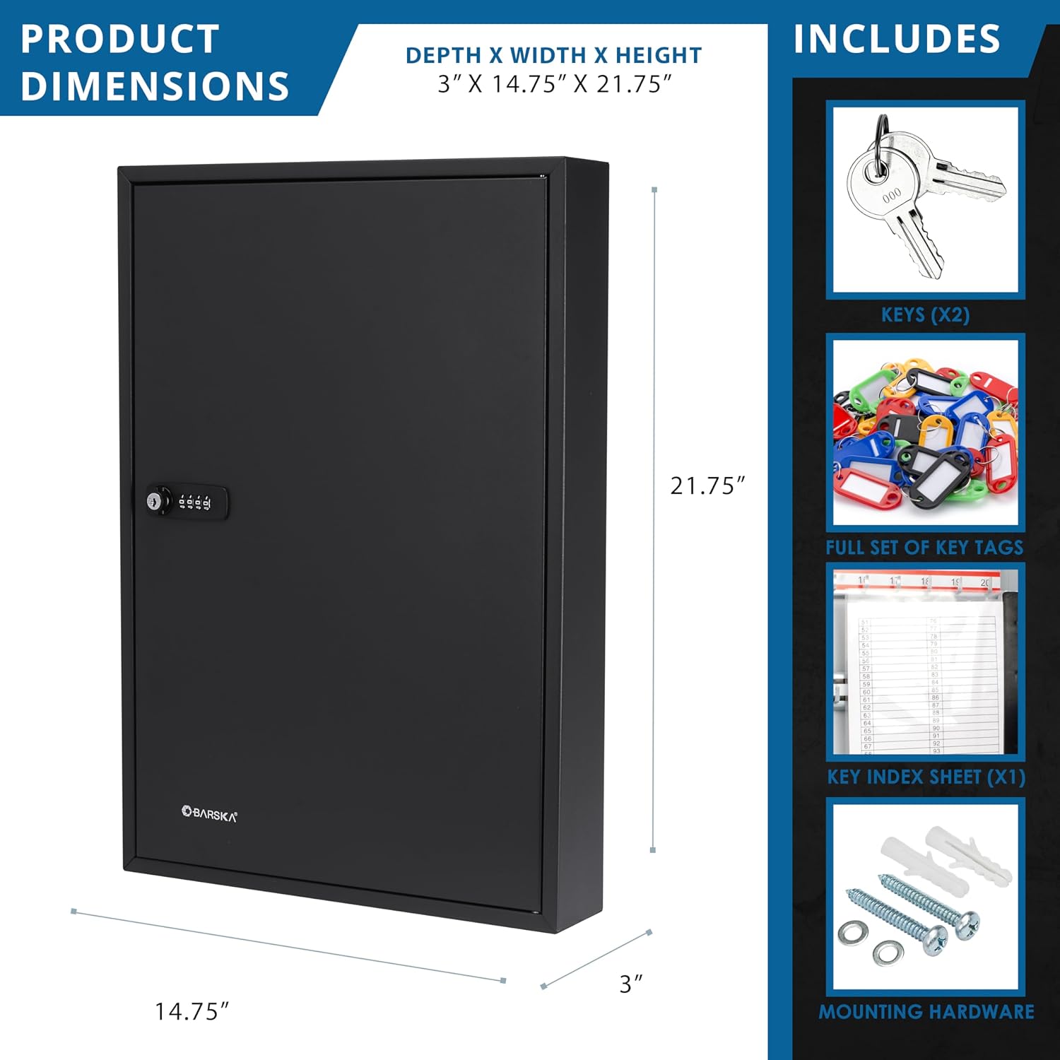 Barska 100 Position Combination Key Lock Box – Wall Mount Steel Key Cabinet with 4-Digit Lock, Numbered Hooks, Key Tags & Index Log for Office or Business - Key Cabinet Wall Mount Key Locker
