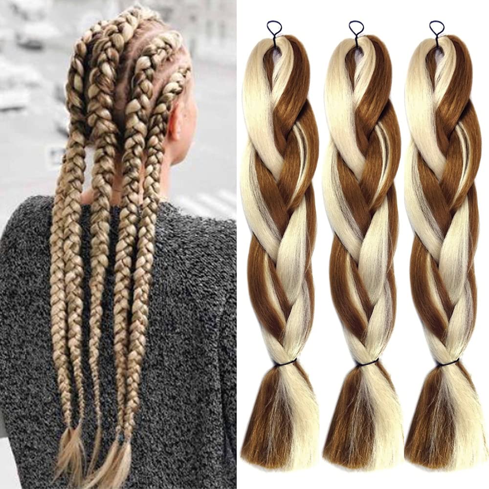 3 piezas Kanekalon Extensiones de Pelo Sintetico Trenzas Africanas, Castaño oscuro/rubio claro,24" 60cm