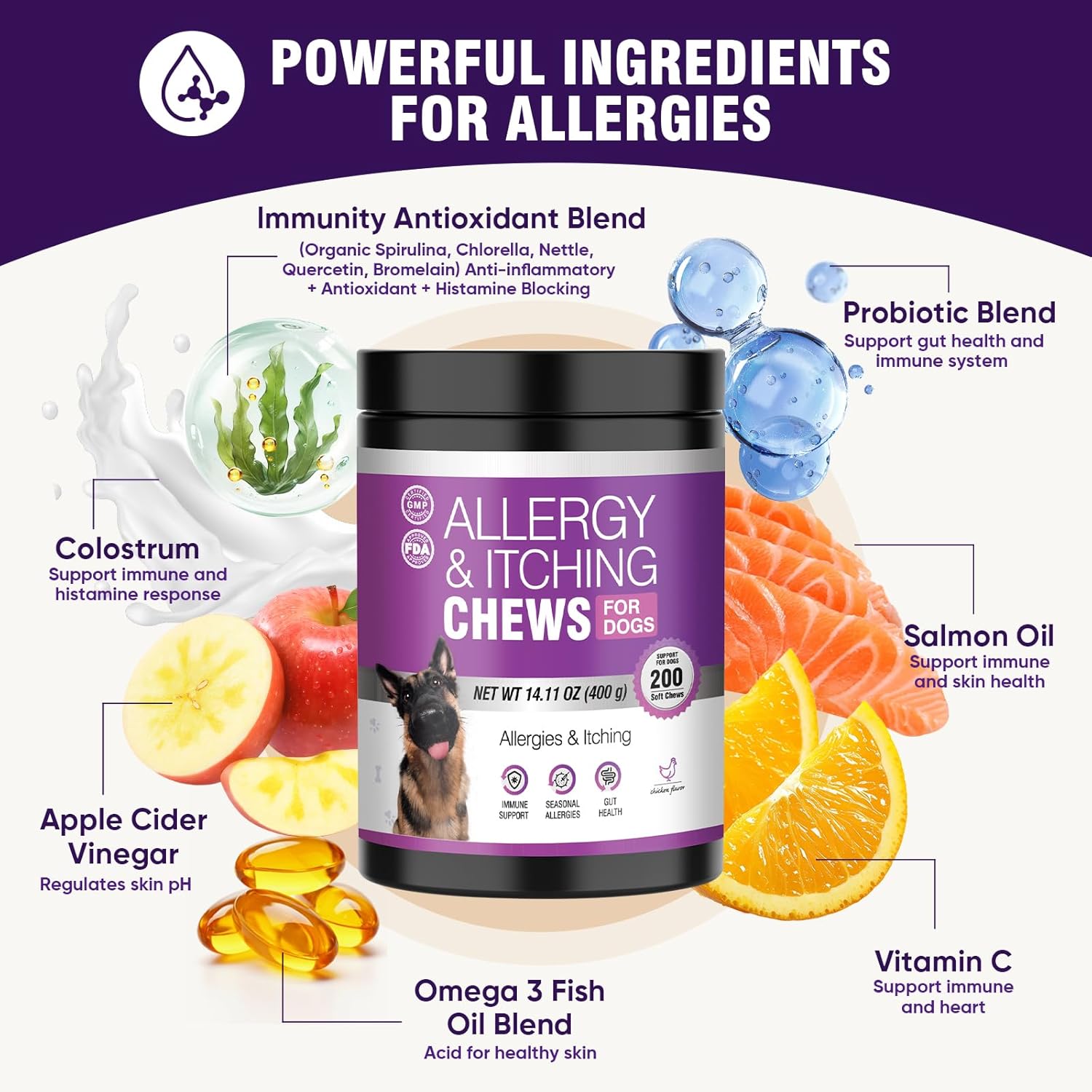 Allergy & Immune Support Chews for Dogs – Probiotics for Skin Health, 200 Count