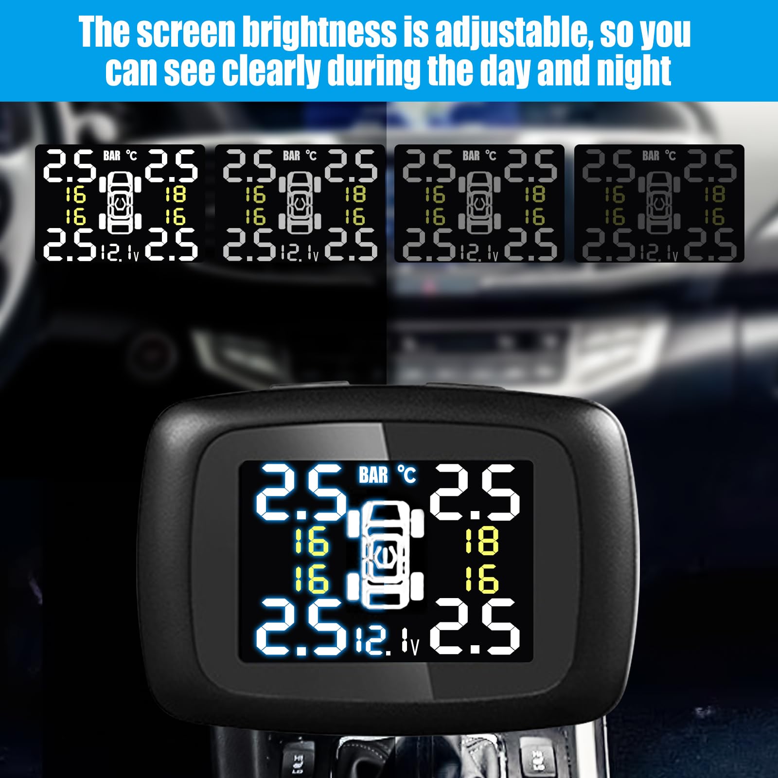 Reifendruckkontrollsystem, drahtloses Auto TPMS Reifendrucksystem, 6 Alarmmodi, einstellbare Bildschirmhelligkeit & Monitorwinkel für Wohnmobil, SUV, MPV, LKW, Limousine