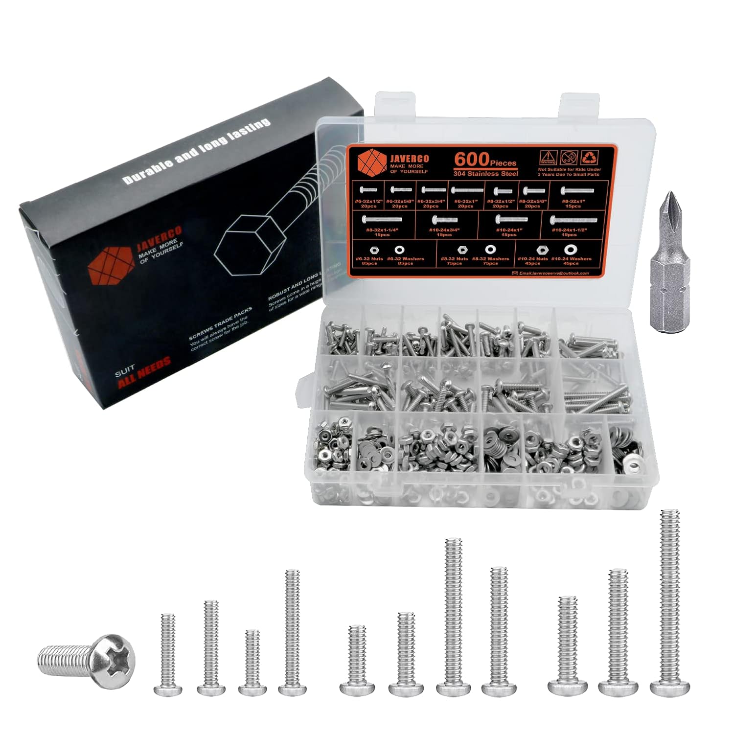 700Pcs Phillips Pan Screws Hex Nut Washer Bolts Kit Stainless Steel #4 #6 #8 #10