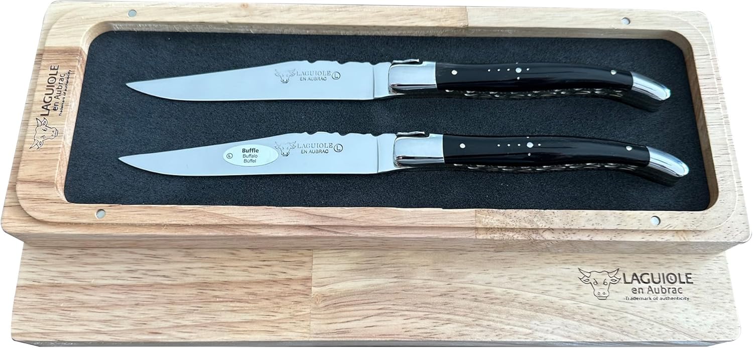 Laguiole en Aubrac Luxury Fully Forged Full Tang Stainless Steel Steak Knives 2-Piece Set, Buffalo Handles And Stainless Steel & Brass Plates, Shiny Bolsters