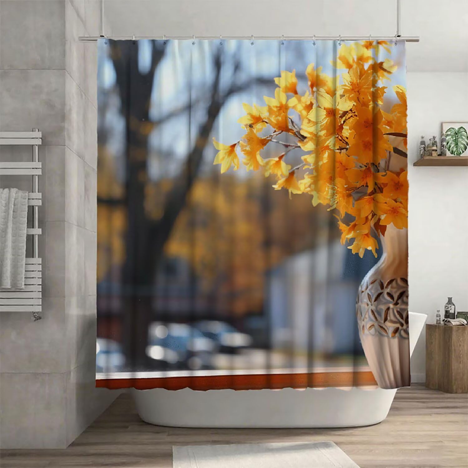 Rideau douche jaune floral pour baignoire, ambiance lumineuse et relaxante