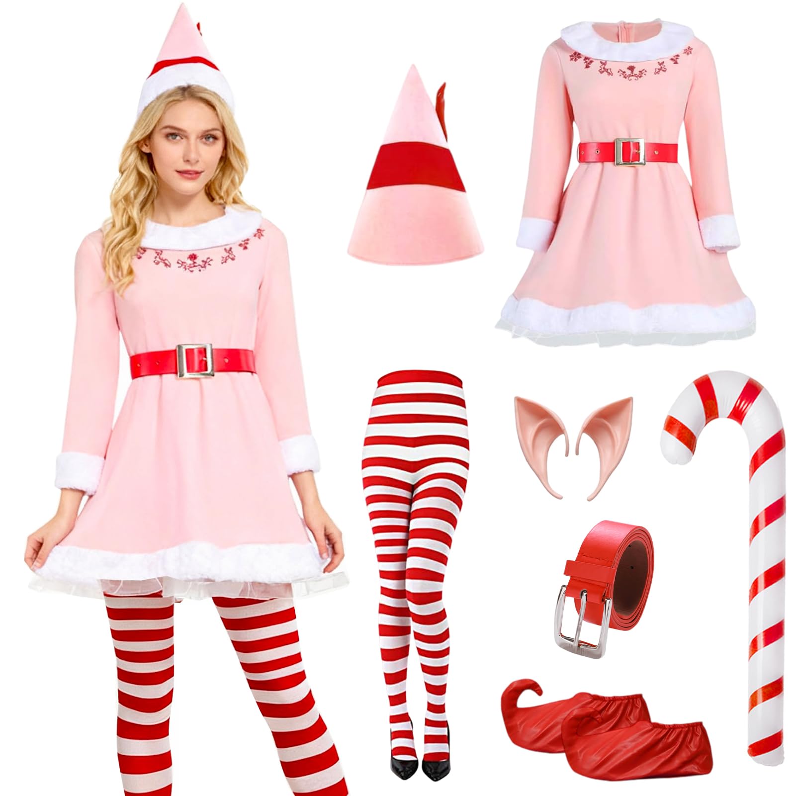 Crittygo Christmas Elf Costume Womens, Pink Elf Outfit With Hat Dress Belt Shoe Covers, Christmas Elf Fancy Dress for Women