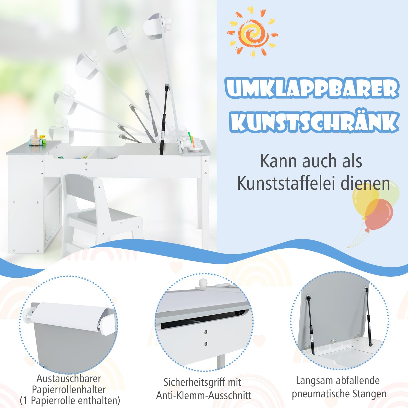 COSTWAY Kindertisch mit 2 Stühlen, 3 in 1 Aktivitätstisch & Staffelei Holz mit anhebbarer Tischplatte, Farbbechern, 6 Stoffbehältern & Papierrolle, Kindersitzgruppe für ab 3 Jahren, 109x60x55cm, Grau