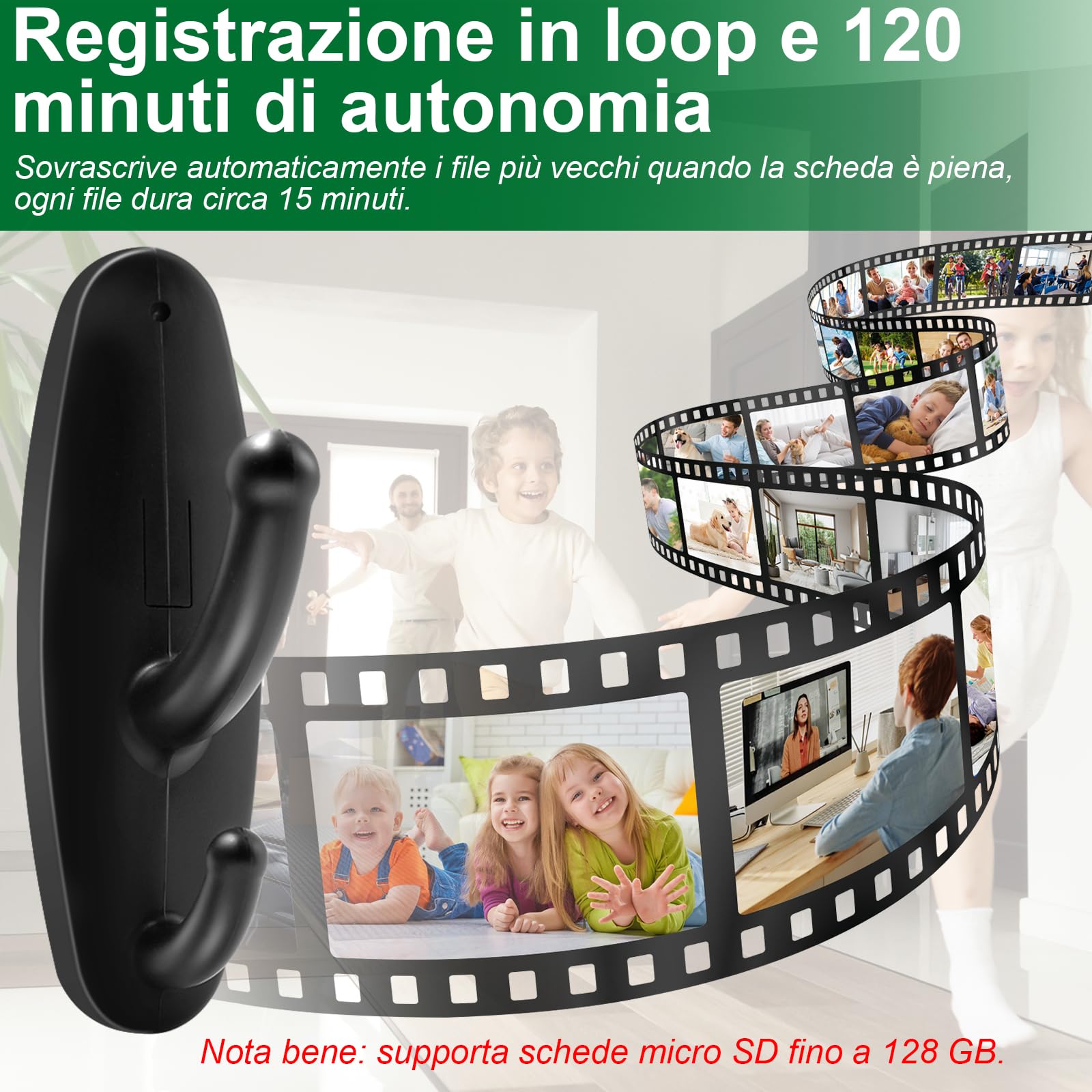 Microcamera Spia HD 1080P, Telecamera Nascosta da Parete senza WiFi, Mini Telecamera Spia Nascosta Wireless con Rilevamento del Movimento,120 minuti durata Adatto per uso interno, ecc.