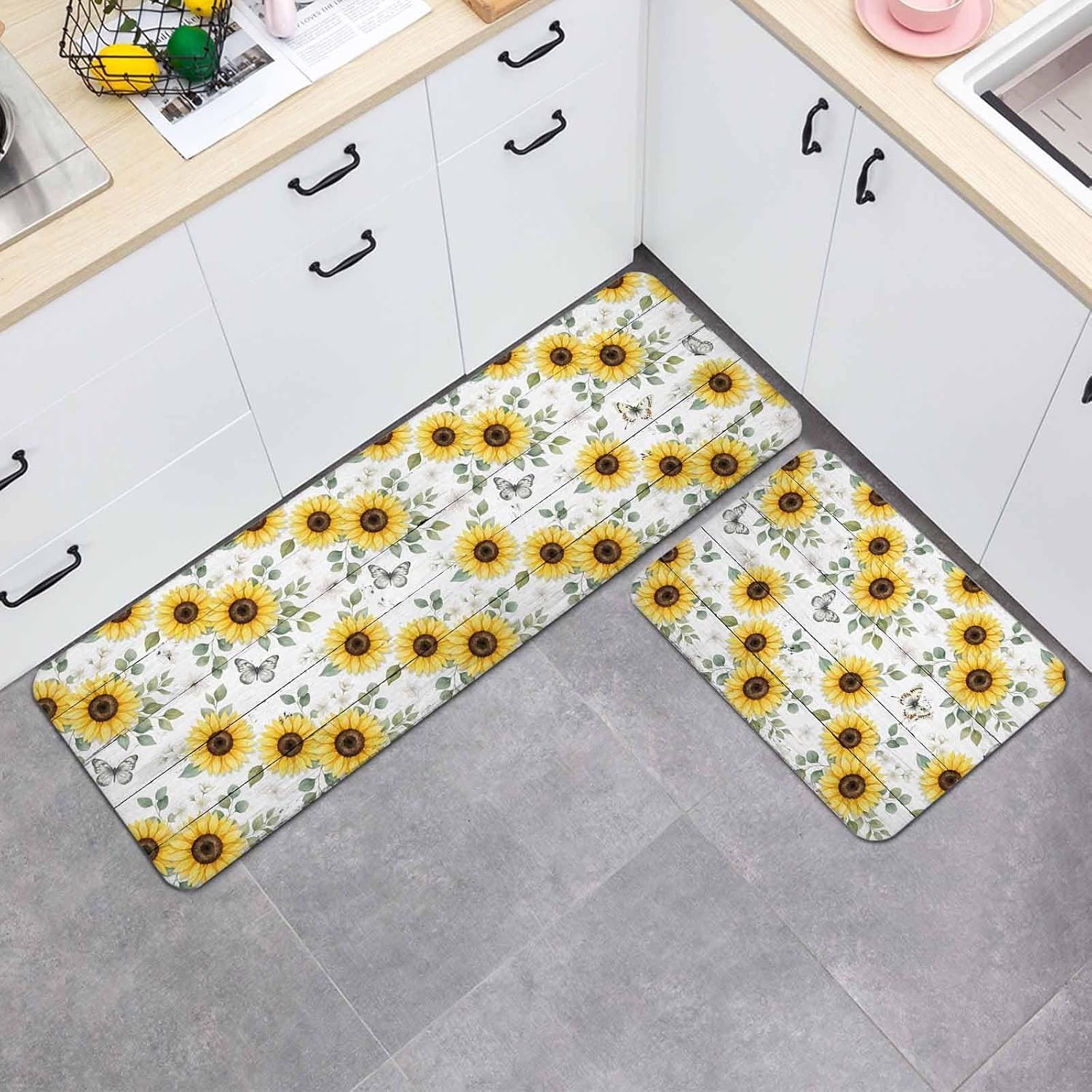 Yellow Sunflower Kitchen Mat Set 2 Pieces Watercolor Butterflies Plant Farmhouse Wood Grain Non Slip Kitchen Rugs Washable Runner Rug Mats for Floor Sink Laundry Office 15.7" x 23.6"+15.7" x 47.2"